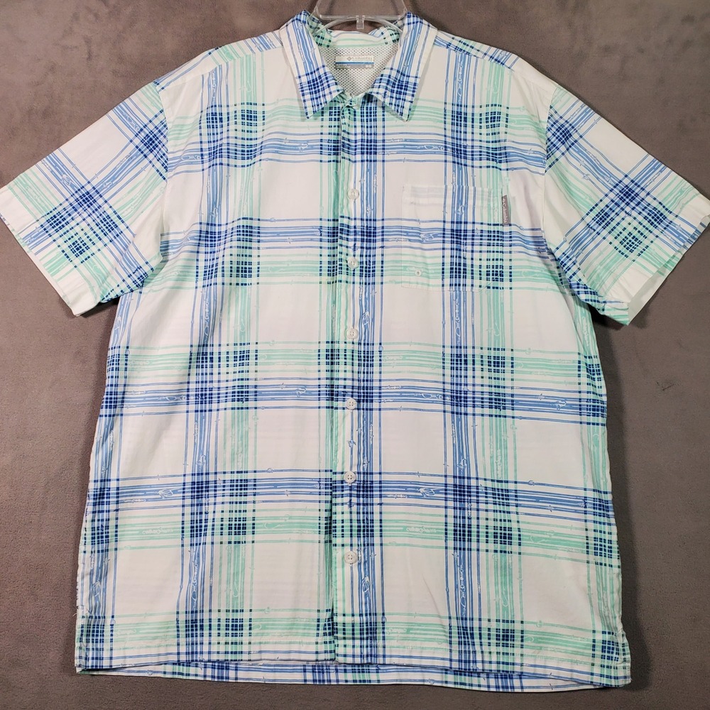 Columbia PFG Fishing Shirt Mens M White Blue Plaid Button Vented‎ Coastal Summer